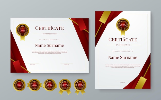 Certificado de oro rojo y blanco moderna elegante y lujosa plantilla con formas para el reconocimiento de premios de logros diploma corporativo y educación