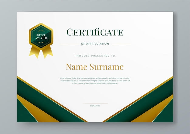Certificado de oro verde y blanco modelo moderno elegante y de lujo con formas para el reconocimiento de premios de logros diploma corporativo y educación