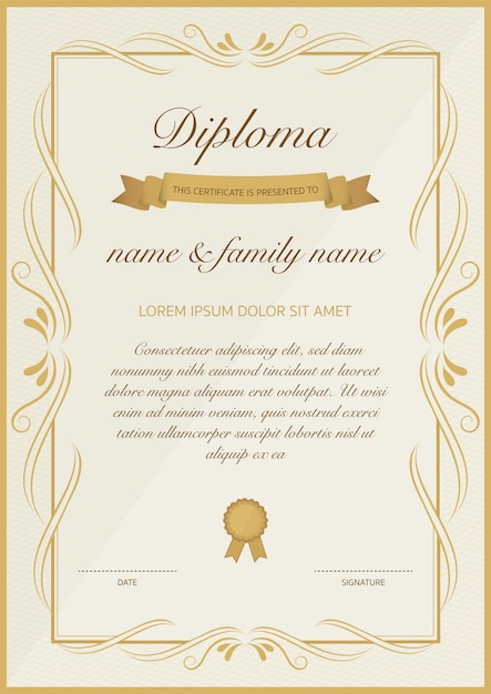 Certificado de plantilla de diploma con diseño floral dorado.