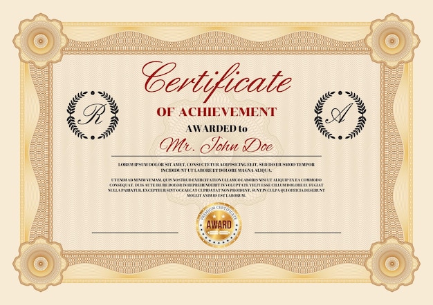 Certificado de plantilla de diploma de reconocimiento y logro con sello de oro de premio premium.