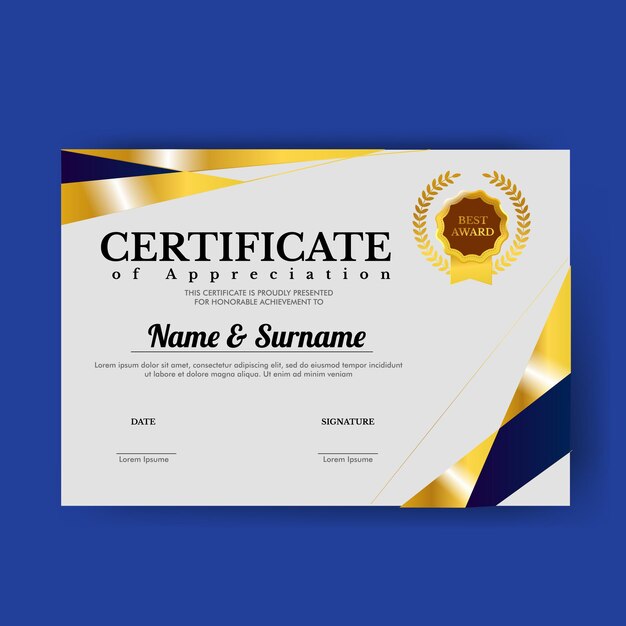 Certificado de plantilla de ilustración vectorial Diseño azul oscuro y dorado