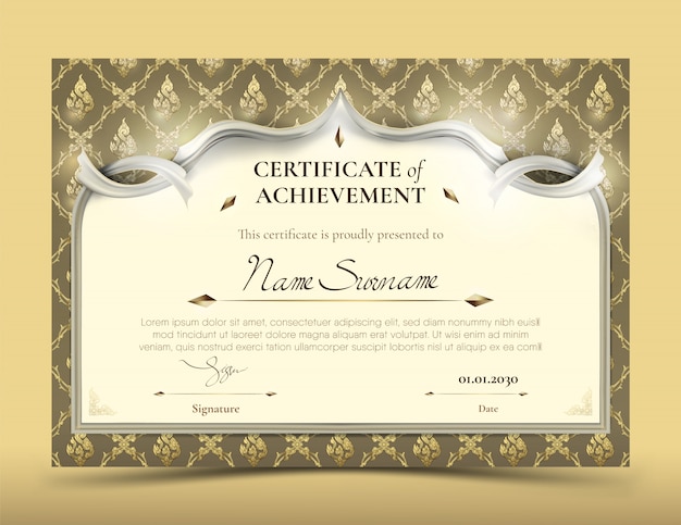 Vector certificado de plantilla de logro con borde de patrón tailandés de oro tradicional