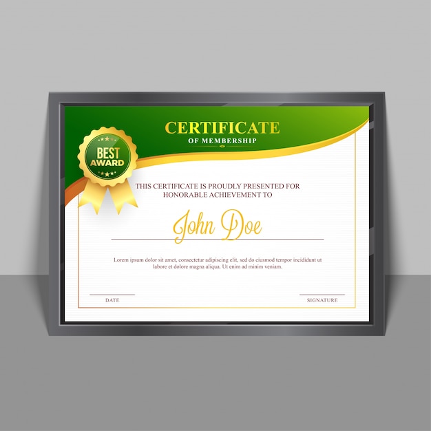 Certificado de plantilla de membresía con diseño verde y dorado y placa.