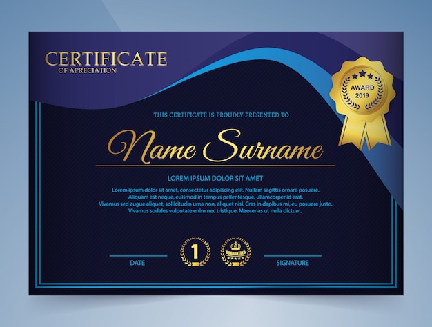 Certificado de plantilla de premio en elegante azul oscuro