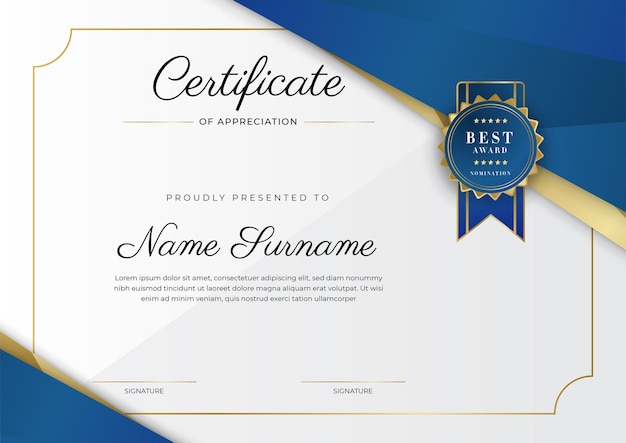 Certificado de plantilla de reconocimiento color dorado y azul Certificado moderno limpio con insignia dorada Plantilla de borde de certificado con patrón de línea moderno y de lujo Plantilla de vector de diploma