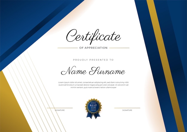 Certificado de plantilla de reconocimiento color dorado y azul Certificado moderno limpio con insignia dorada Plantilla de borde de certificado con patrón de línea moderno y de lujo Plantilla de vector de diploma