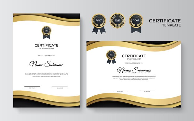 Certificado de plantilla de reconocimiento, color dorado y negro. Certificado limpio y moderno con placa de oro. Plantilla de borde de certificado con patrón de líneas modernas y lujosas. Plantilla de vector de diploma