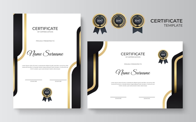 Certificado de plantilla de reconocimiento, color dorado y negro. Certificado limpio y moderno con placa de oro. Plantilla de borde de certificado con patrón de líneas modernas y lujosas. Plantilla de vector de diploma