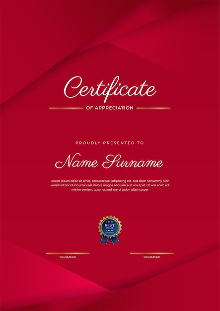 Certificado de plantilla de reconocimiento color dorado y rojo certificado moderno limpio con insignia dorada plantilla de borde de certificado con patrón de línea moderno y de lujo plantilla de vector de diploma