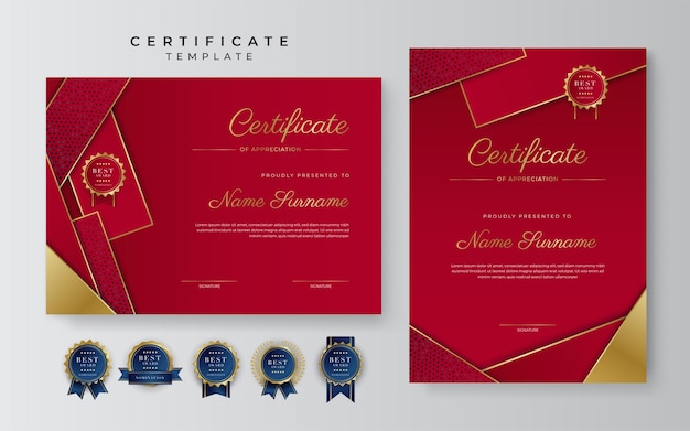 Certificado de plantilla de reconocimiento color dorado y rojo certificado moderno limpio con insignia dorada plantilla de borde de certificado con patrón de línea moderno y de lujo plantilla de vector de diploma