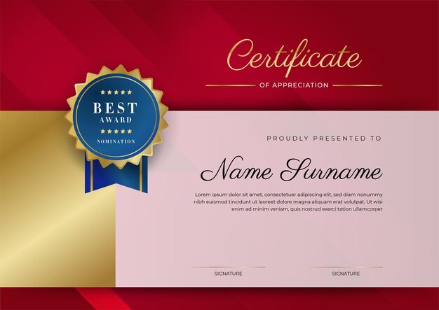 Certificado de plantilla de reconocimiento color dorado y rojo Certificado moderno limpio con insignia dorada Plantilla de borde de certificado con patrón de línea moderno y de lujo Plantilla de vector de diploma