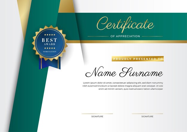 Certificado de plantilla de reconocimiento color dorado y verde negro Certificado moderno limpio con insignia dorada Plantilla de borde de certificado con patrón de línea moderno y de lujo Plantilla de vector de diploma