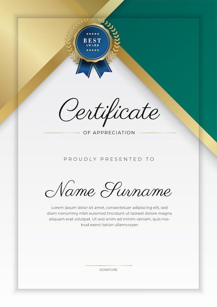 Certificado de plantilla de reconocimiento color dorado y verde negro Certificado moderno limpio con insignia dorada Plantilla de borde de certificado con patrón de línea moderno y de lujo Plantilla de vector de diploma