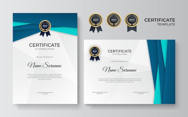 Certificado de plantilla de reconocimiento, color verde dorado y azul. Certificado limpio y moderno con placa de oro. Plantilla de borde de certificado con patrón de líneas modernas y lujosas. Plantilla de vector de diploma