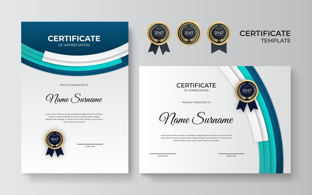 Certificado de plantilla de reconocimiento, color verde dorado y azul. Certificado limpio y moderno con placa de oro. Plantilla de borde de certificado con patrón de líneas modernas y lujosas. Plantilla de vector de diploma