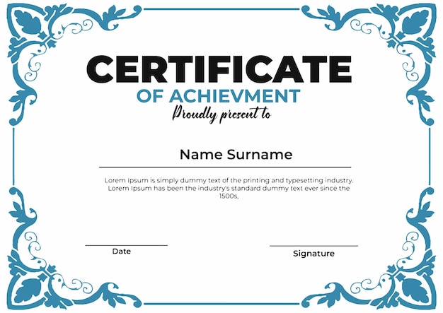 Certificado premium con adornos vintage azules plantilla vectorial editable