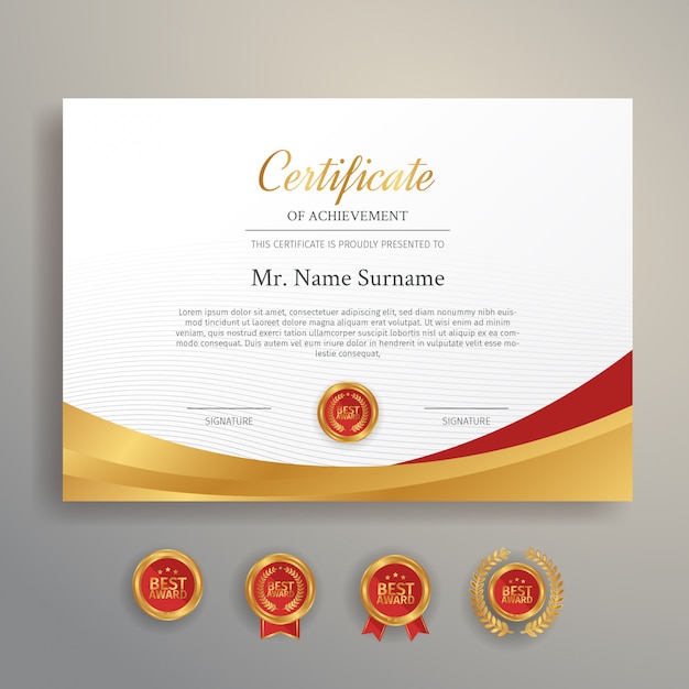 Certificado premium de plantilla de logros con insignias doradas y rojas