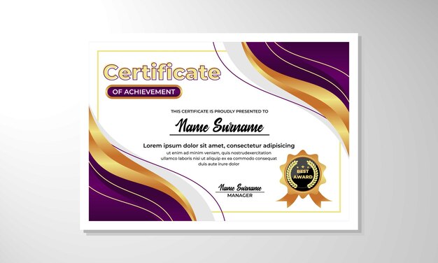 un certificado púrpura y amarillo para un certificado de logro