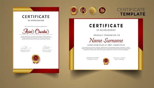 Certificado de reconocimiento en color rojo y dorado con plantilla de borde