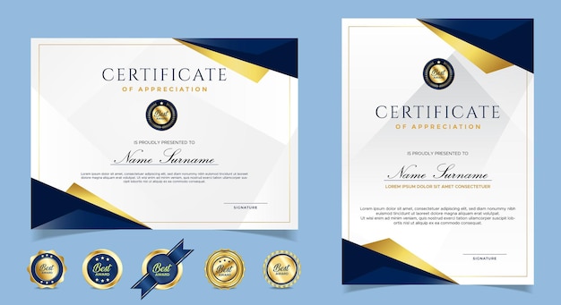Certificado de reconocimiento plantilla color dorado y azul.