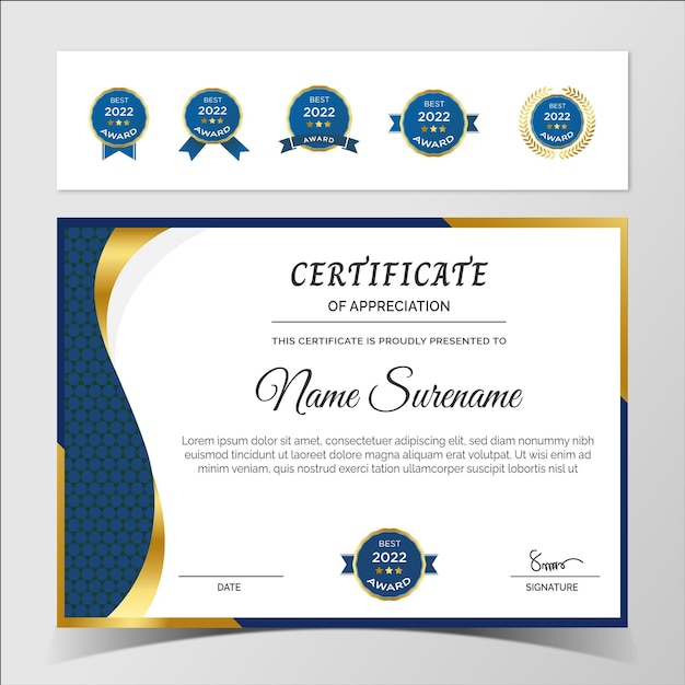 Certificado de reconocimiento plantilla color dorado y azul.