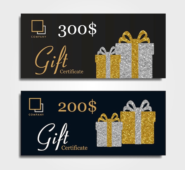 Certificado de regalo para segmento premium con cajas de regalo doradas y plateadas y plantilla de descuento en dólares