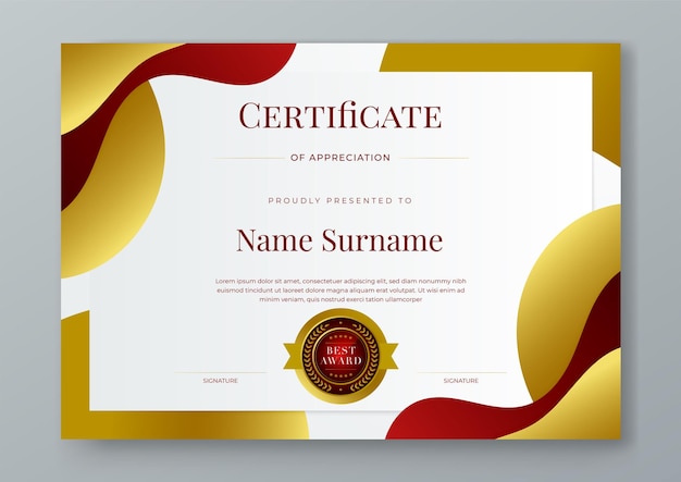 Certificado rojo, blanco y dorado de lujo corporativo y plantilla moderna Para el logro corporativo, premio de diploma, graduación, finalización, aprecio, reconocimiento, reconocimiento, etc.