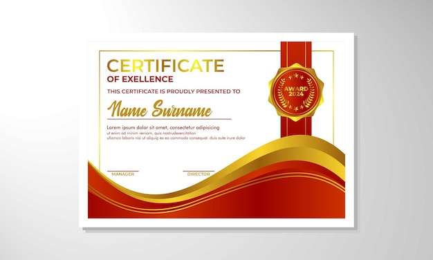 un certificado rojo y dorado para la categoría de premio