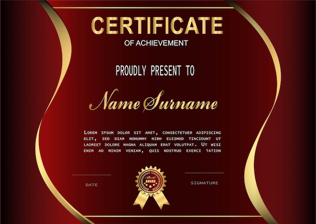 Certificado rojo oscuro y dorado con insignia de lujo y líneas y formas modernas Diploma de diseño moderno