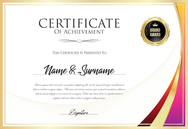 Certificado con sello dorado y borde de diseño de colores
