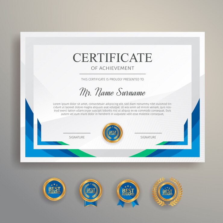 Vector certificado simple y moderno en color azul y verde con insignia dorada y plantilla de borde