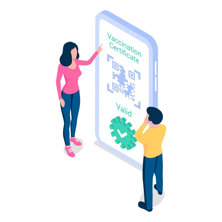 Vector certificado de vacunación en la pantalla de un teléfono móvil ilustración vectorial