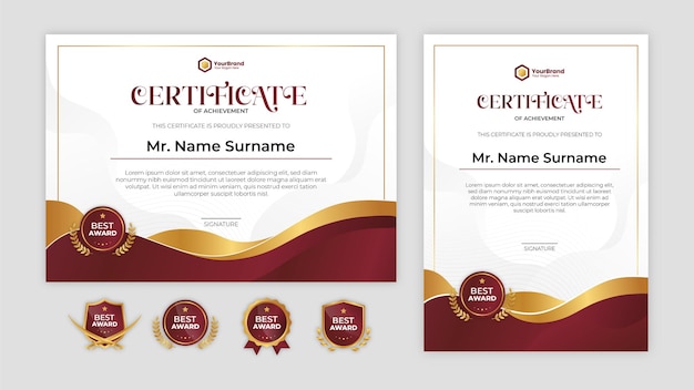 Certificado vectorial rojo y dorado para premios de negocios y educación
