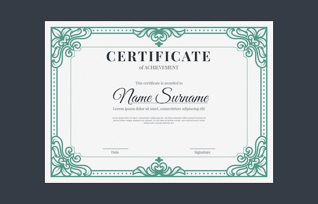 un certificado verde y dorado con un marco verde