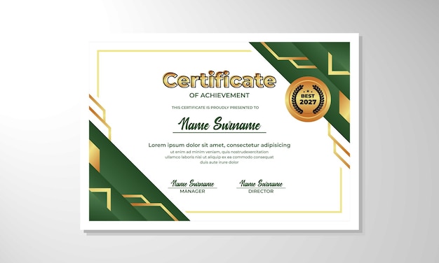 un certificado verde y dorado para un premio de logro