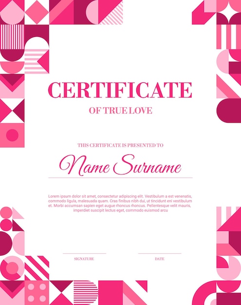 Certificado vertical de día de San Valentín formas abstractas