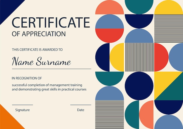 Certificados de graduación y diseño de aprecio plantilla de obra de arte geométrica de colores