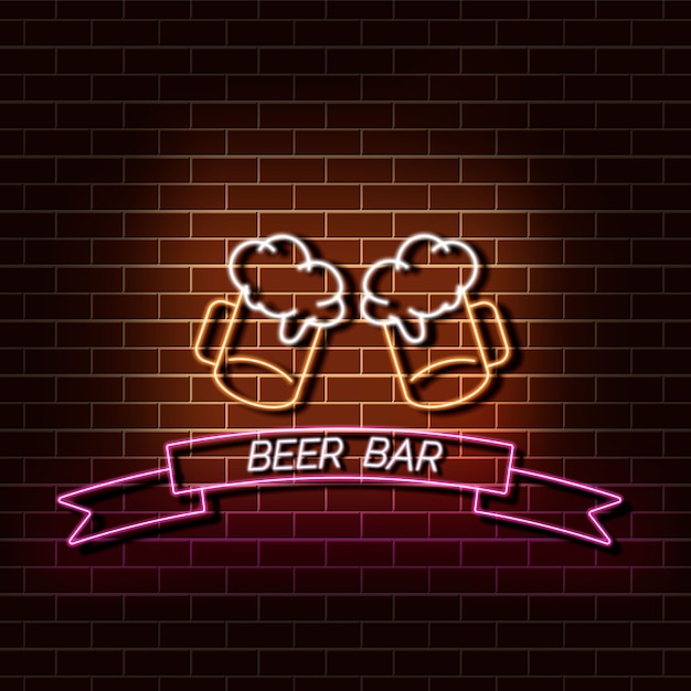 Cerveza bar luz de neón banner en pared de ladrillo. Signo naranja y rosa