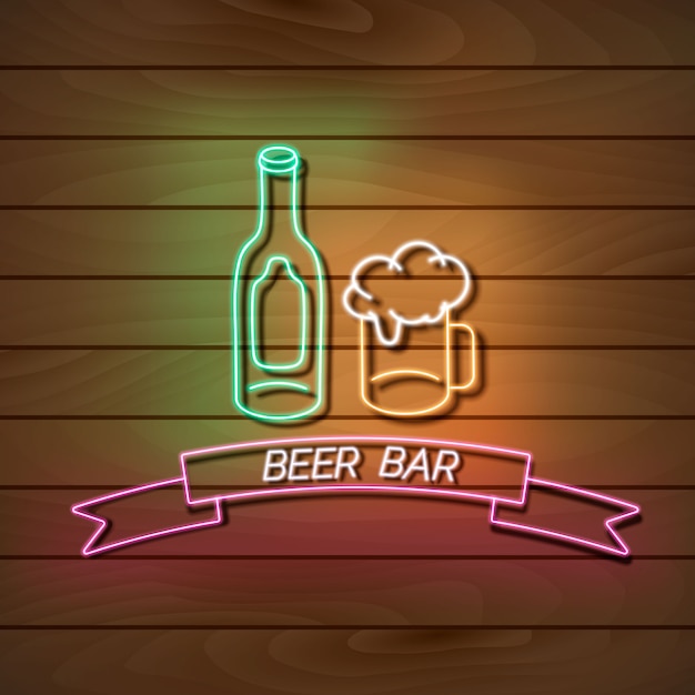 Cerveza bar luz de neón banner en una pared de madera. signo verde y rosa elemento retro realista decorativo para web