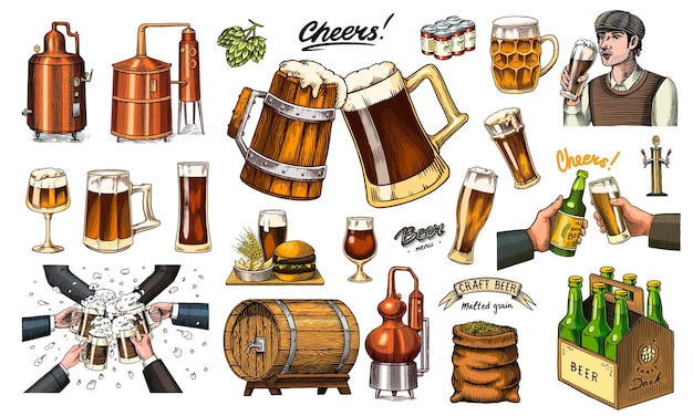 Cerveza clásicos barriles de madera alcohol destilado malte de lúpulo brindis tazas de vidrio con bebida hamburguesa