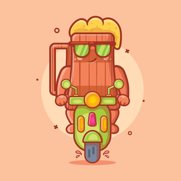 cerveza fresca jarra de madera personaje mascota equitación scooter motocicleta aislado dibujos animados
