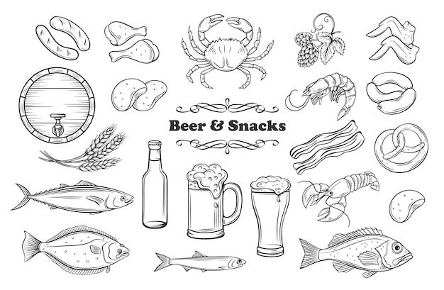 Cerveza y snacks. iconos de la tienda de pub. carne, pescado, patatas fritas y cerveza en botella o vaso. concepto de alcohol y merienda.