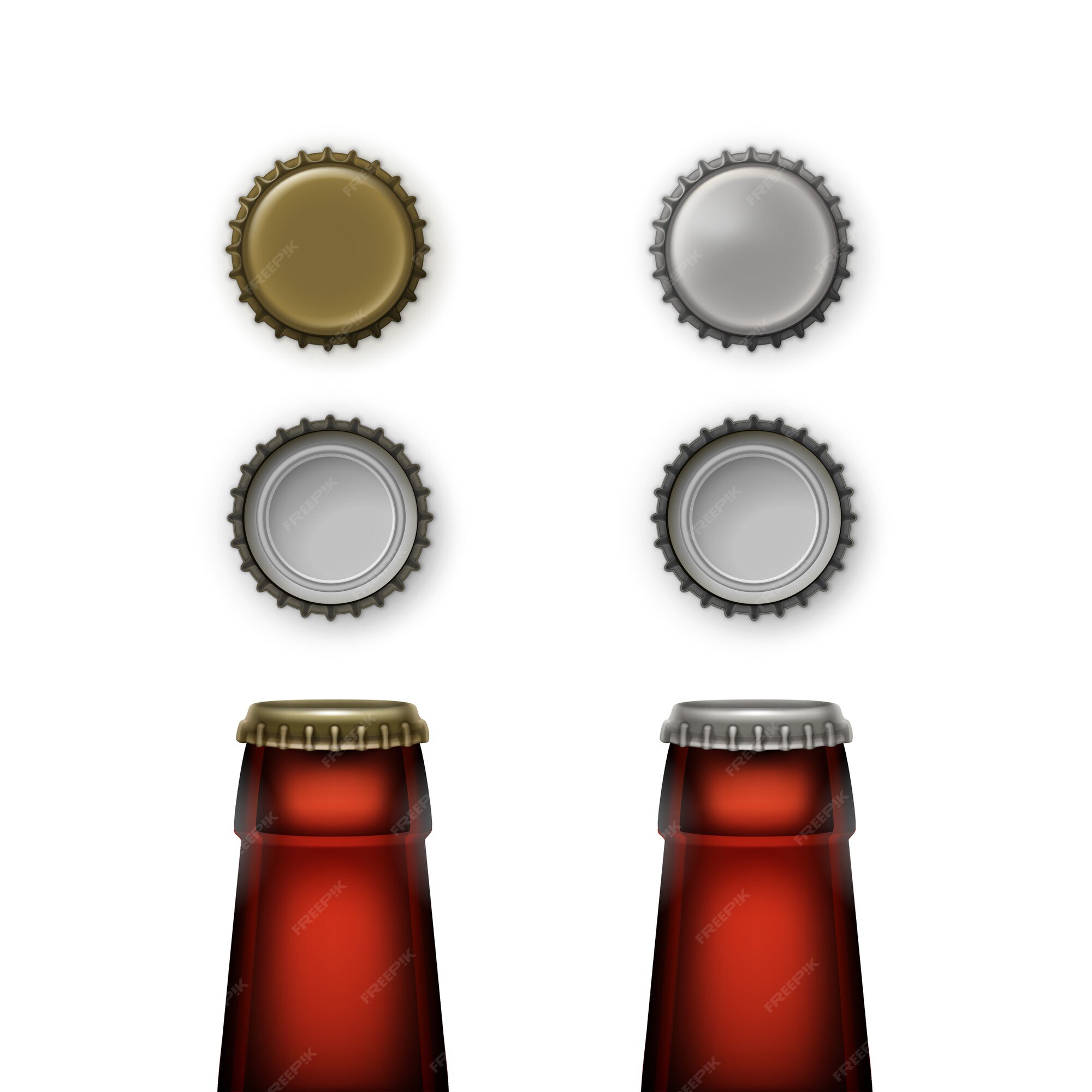 Se asemeja masilla péndulo Cerveza transparente cuellos de botella de vidrio marrón con tapas de  diferentes colores vista posterior superior para la marca de cerca sobre  fondo blanco. | Vector Premium