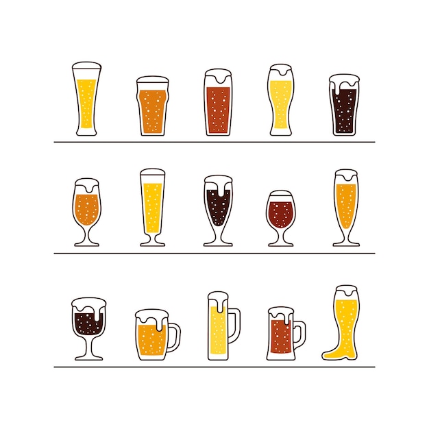 Cerveza en vasos y jarras. Ilustración vectorial