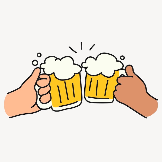 Las cervezas aplauden las manos dibujan pegatinas de celebración de bebidas vector de ilustración