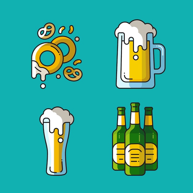 Vector cervezas y snacks s. iconos de colores lineales para pubs.