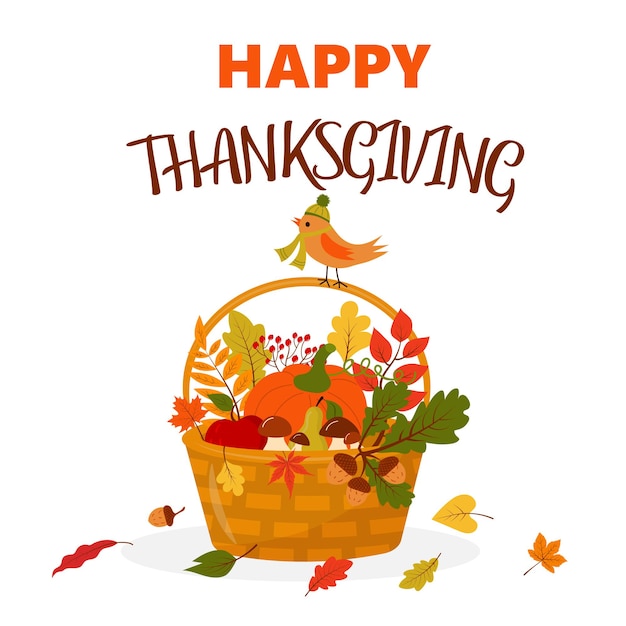 Cesta de acción de gracias feliz con setas de calabaza, hojas de frutas y aves