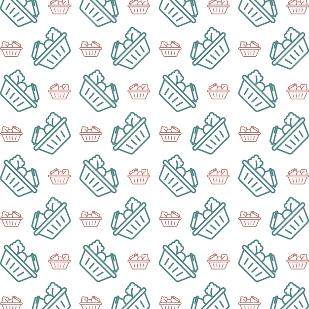 Cesta de alimentos multicolor que repite el patrón de moda con ilustración vectorial textil de fondo