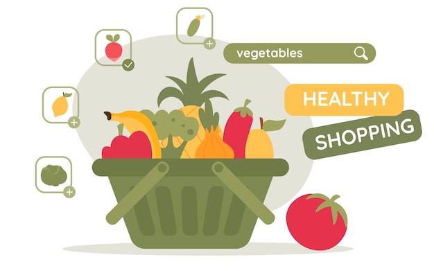 Cesta de alimentos saludables Concepto de compras en línea Añade verduras a tu día