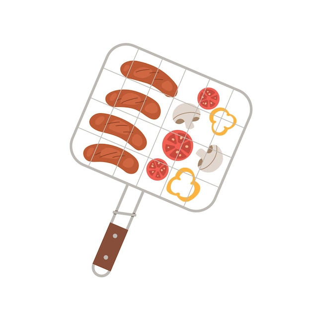 Cesta para barbacoa con asa. Dispositivo de barbacoa de metal con comida, salchichas, verduras y champiñones. Equipo de barbacoa con frankfurts. Ilustración de vector plano aislado sobre fondo blanco